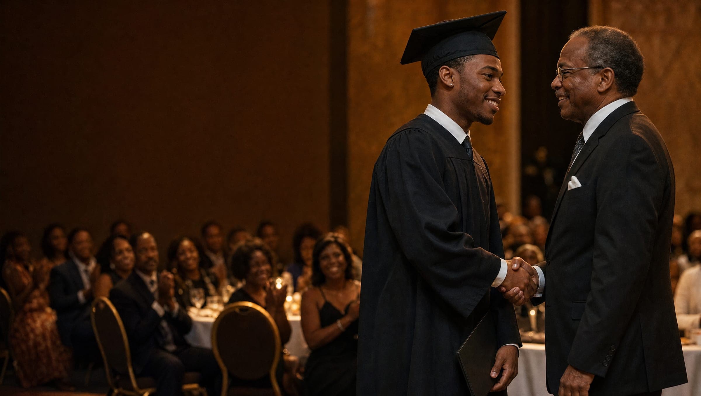 At a scholarship banquet, a young graduate in cap and gown shakes hands with an older man in a dark suit while families applaud at their tables.