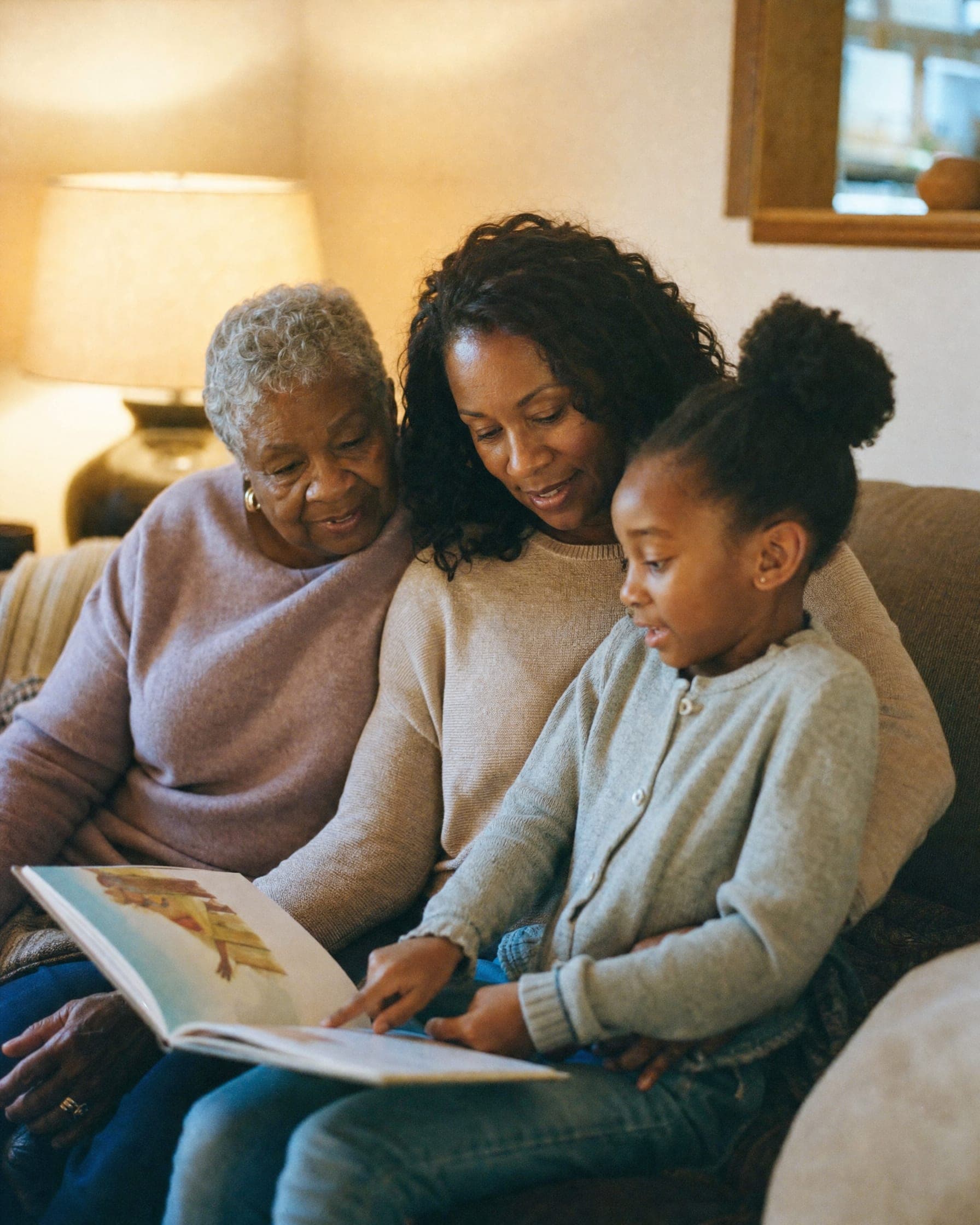 A grandmother, her daughter and a young granddaughter read a picture book together on a sofa.