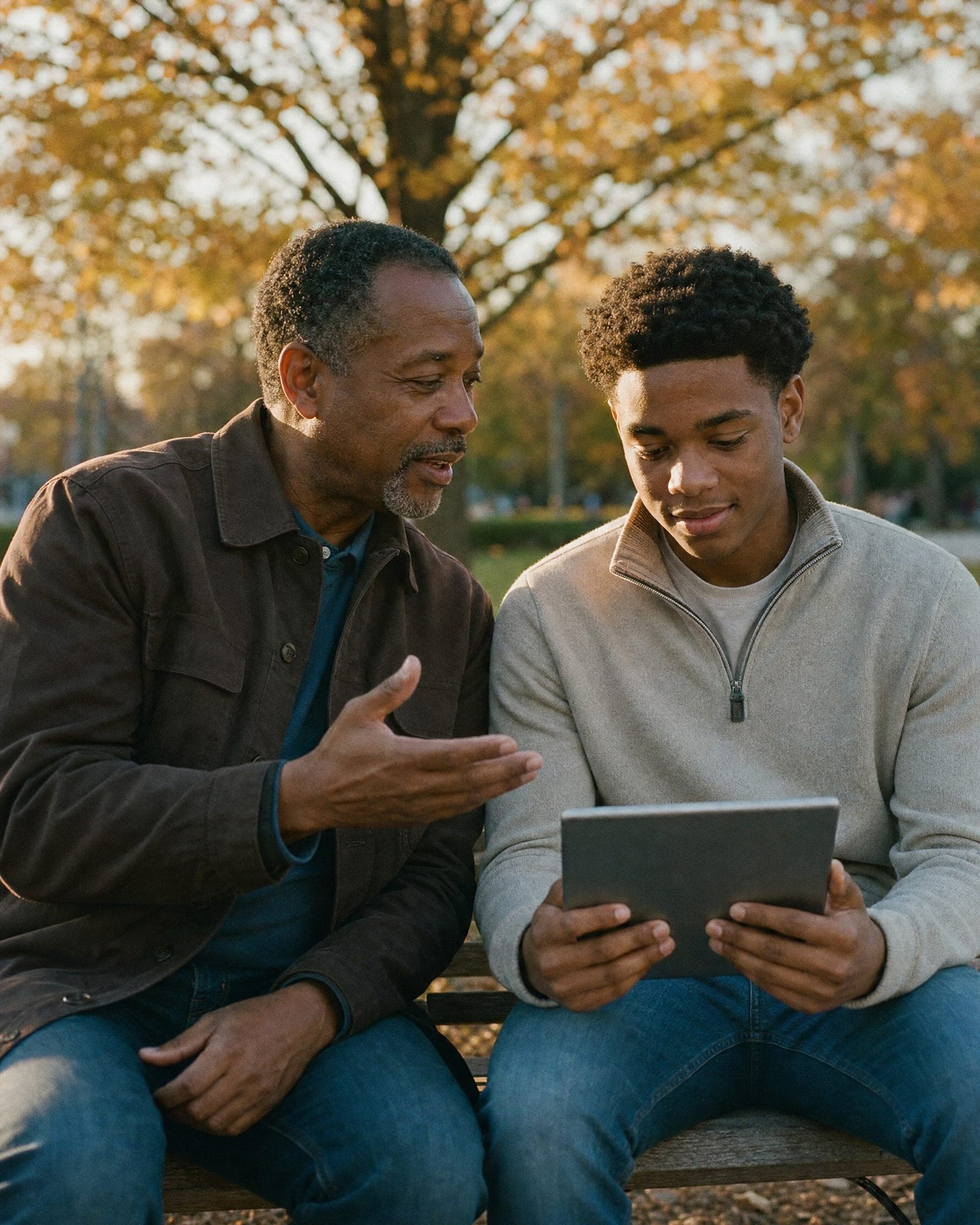 A mentor talks with a teenage student on a park bench, a tablet between them.