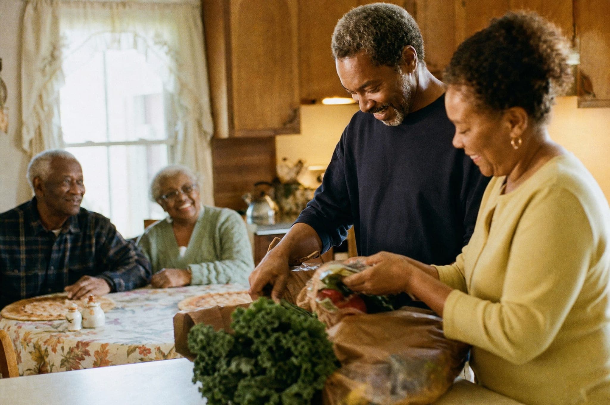 Two volunteers unpack groceries in the kitchen of an elderly couple, who smile from their kitchen table.